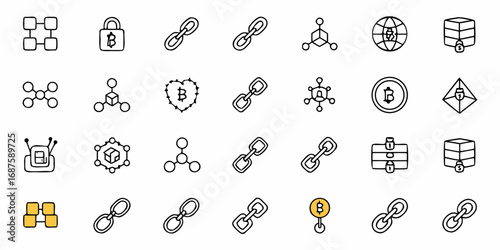 Illustration of various blockchain and cryptocurrency related icons in a doodle style format design
