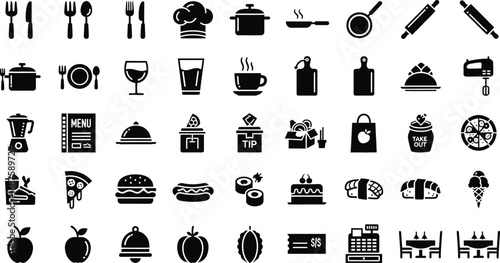 Collection of various food and cooking related icons, including utensils, dishes, and appliances isolated on white background
