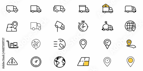 Collection of delivery and transportation icons including trucks globe and map markers in black outline style