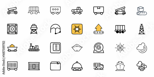 Line art illustration featuring various industrial and transportation related symbols and icons in black and yellow
