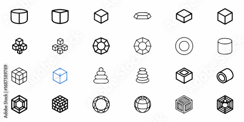 Collection of geometric shapes and objects including cubes diamonds cylinders and a stacking toy set design