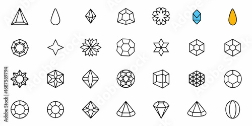 Collection of various gem shapes and cuts in outline style with a few colored gems on white background