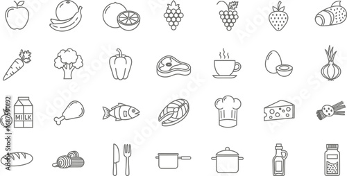 Collection of food icons isolated on white background, representing various food groups and culinary elements