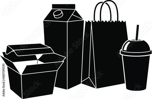 Takeout food vector illustration isolated on white background featuring a variety of containers and packaging