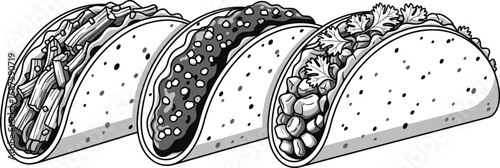 Tacos vector illustration isolated on white background featuring a variety of fillings and toppings