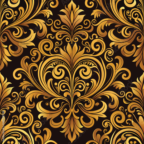 Luxurious Gold Damask Pattern on Black Background Keywords: damask, pattern, gold, ornate