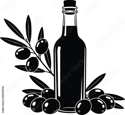 Silhouette of olive oil bottle and olive branch isolated on white background, a healthy mediterranean ingredient