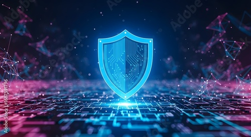 Blue Digital Shield in Cyberspace