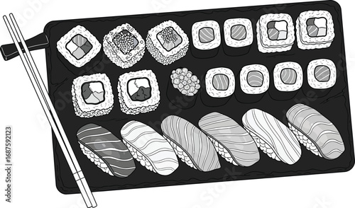 Illustration of a sushi platter with chopsticks isolated on white background, featuring various sushi rolls