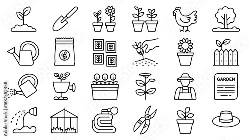 Gardening Icon Collection Showing Seedlings Tools Plants and Garden Elements in Line Art Style