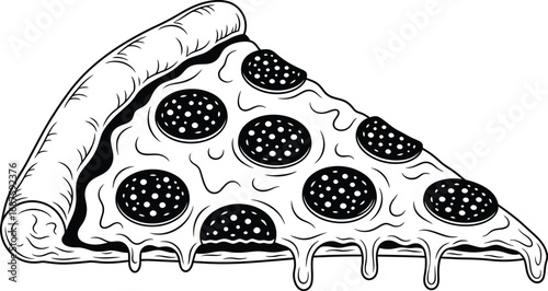 Illustration of a slice of pepperoni pizza, isolated on white background perfect for advertising
