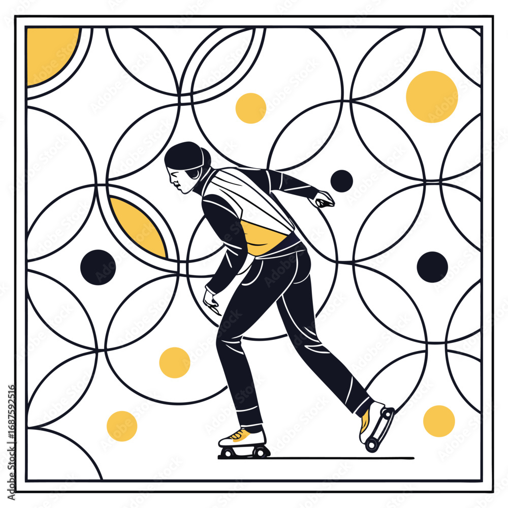 Obraz premium Stylized Figure Roller Skating With Geometric Background