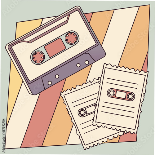 Two retro cassette tapes and torn paper scraps audio cassette