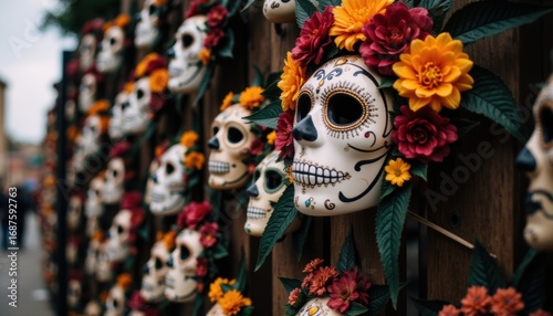 Vivid festival masks from events like carnival or Día de Muertos