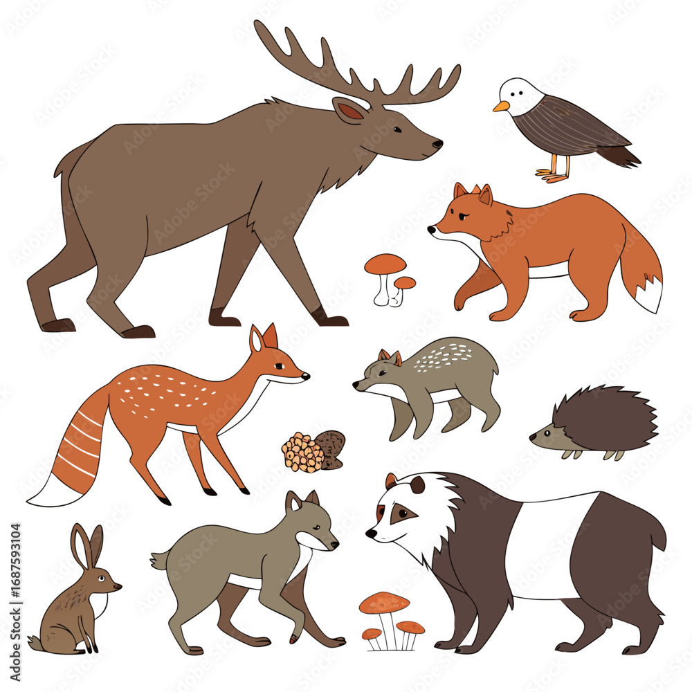 Fototapeta premium Diverse forest animals vector illustration with moose fox hedgehog panda and eagle vector