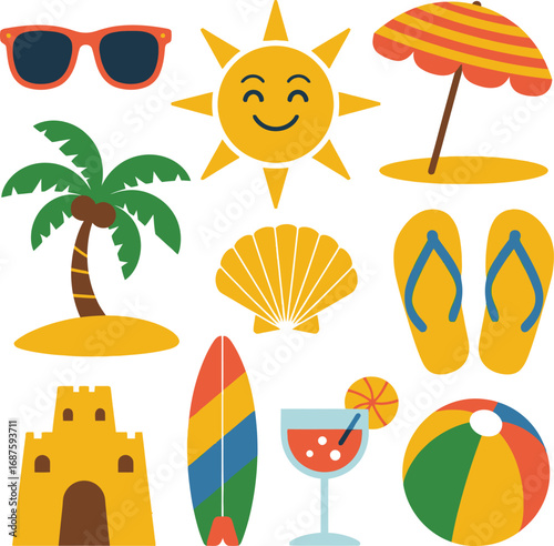 Fun and colorful summer beach icon set in vector style. Includes sun, sunglasses, palm tree, beach umbrella, flip flops, seashell, surfboard, cocktail, and sandcastle. Perfect for holiday posters, tra