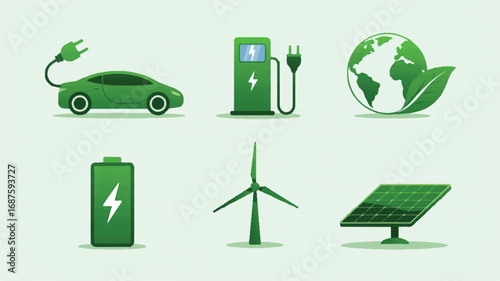 Green energy concept featuring electric car charging station battery wind turbine and solar panel for sustainable future
