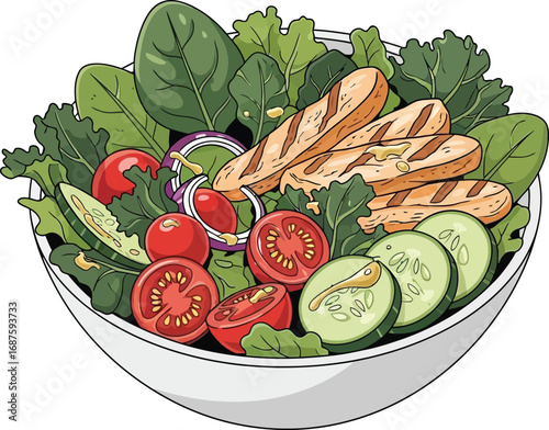 Fresh and colorful salad with grilled chicken, a healthy and delicious meal option for lunch or dinner