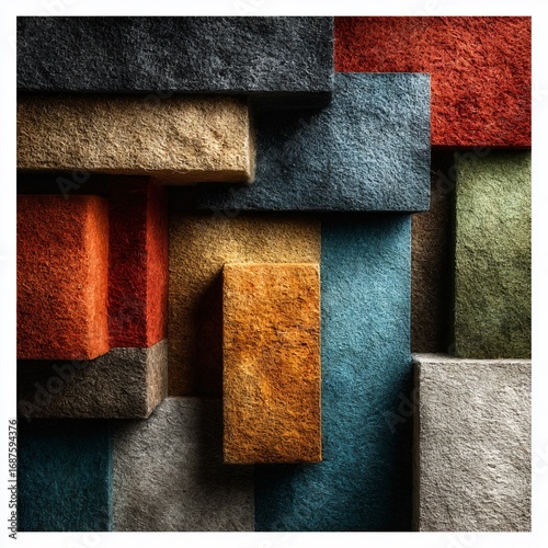 A dynamic composition of textured rectangular blocks in warm and cool tones, creating a threedimensional abstract art piece with a contemporary aesthetic, showcasing depth and interplay of colors