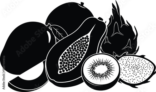 Exotic fruit assortment featuring mango, papaya, dragon fruit, and kiwi, creating a vibrant and healthy composition