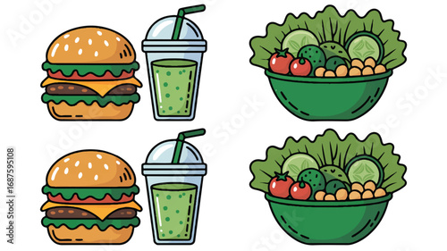 Healthy and Unhealthy Food Choices Delicious Burger Smoothie and Fresh Salad for a Balanced Diet