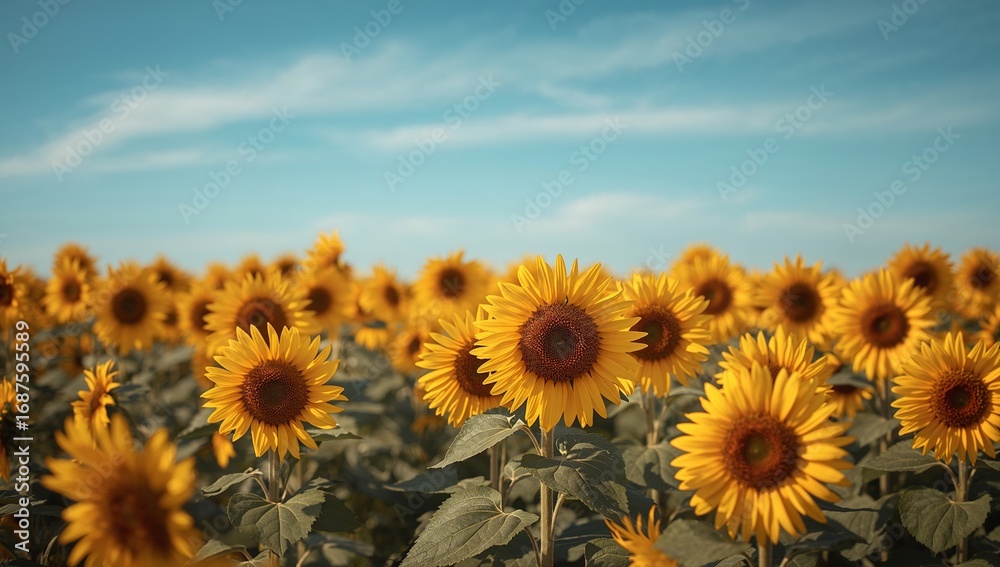 Fototapeta premium Vibrant Sunflower Field, Petals Ablaze Sky Above, a Canvas of Serene Blue.