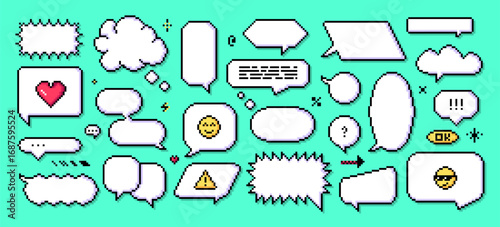 Set of pixel art speech bubbles in retro 8 bit style. Collection of pixelated dialogue boxes, flash message frames, comic shapes, emoji, warning signs, different icons and other creative elements. 