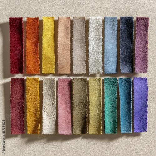 close up of colorful strips of pieces of cloth for display of color range and different shades