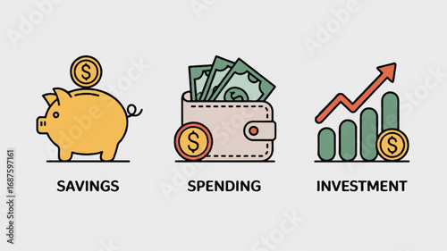 Icon set representing savings spending and investment financial planning for the future and wealth accumulation