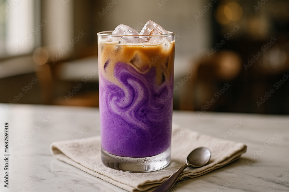 Obraz premium Iced taro latte with layers of purple and cream in a glass on a napkin with a spoon near by