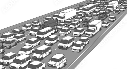 Black and White Illustration of Rush Hour Traffic Jam on Busy Freeway with Cars