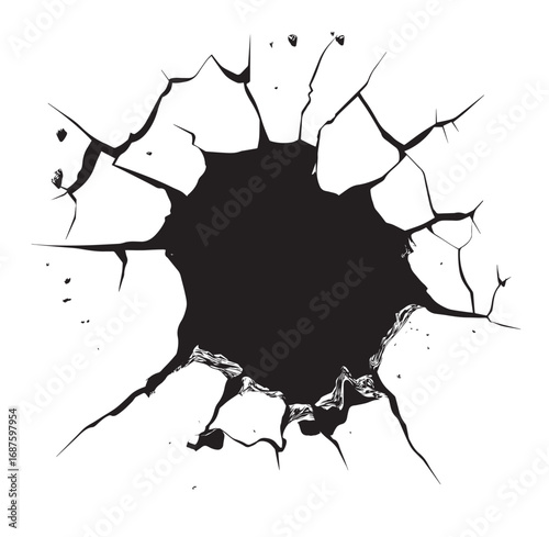 Cracked Wall Bullet Hole Vector Illustration. Broken Wall with Bullet Hole Vector Design