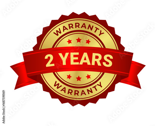 Round gold medal with award red ribbon, warranty badge icon with 2 years guarantee label, quality assurance seal and certification emblem isolated on transparent background. Vector EPS10