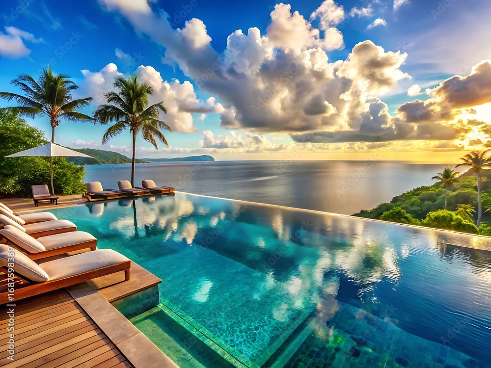 Fototapeta premium Luxury infinity pool overlooking a tropical ocean sunset