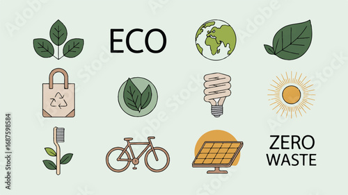 Illustrations depicting ecofriendly lifestyle choices promoting zero waste sustainability and environmental awareness for a greener planet