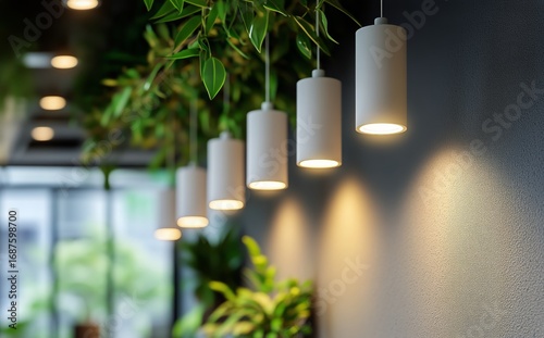 Modern Lighting Fixtures Illuminate a Stylish Indoor Space With Greenery and ...