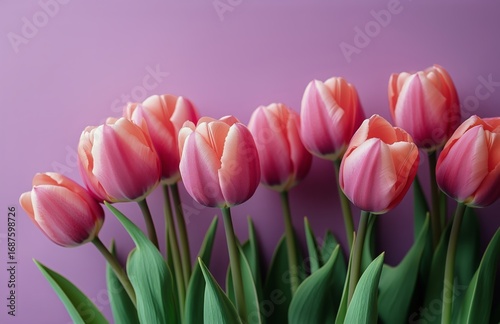 Beautiful Pink Tulips Arranged on a Vibrant Purple Background Showcasing Spri...