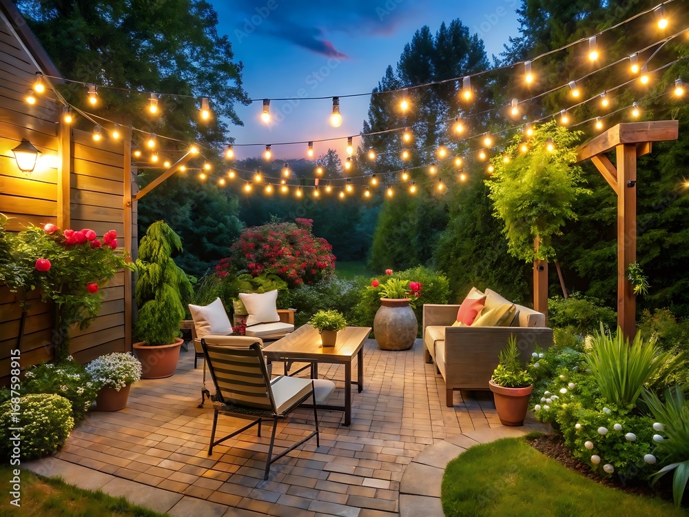 Fototapeta premium Cozy backyard patio with string lights at dusk