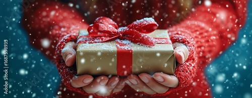 Holiday Gift Exchange in Snowfall With a Person Holding a Present.