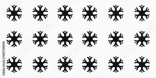 A repeating pattern of abstract black snowflake like figures with small dots on a white background