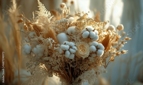 Elegant Dry Flower Bouquet Featuring Cotton and Delicate Textures in Natural ...