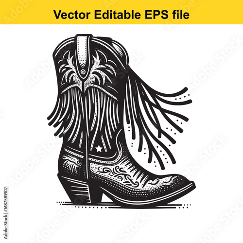  black and white cowboy boot with fringe isolated on white background