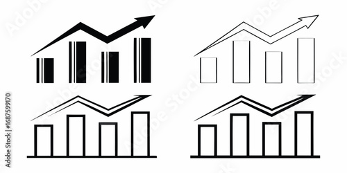 Four stylized bar chart graphics with upward trending arrows indicating growth and progress
