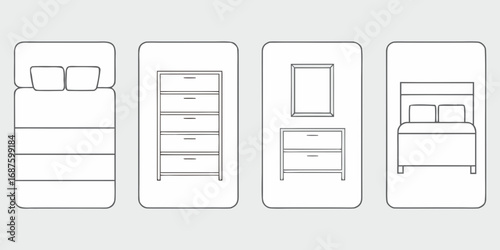 Collection of simple line art icons representing bedroom furniture and decor including beds and dressers