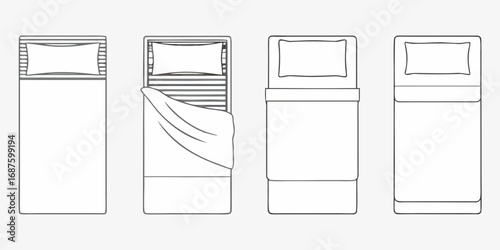 Top view line drawing of four different beds with pillows and blankets