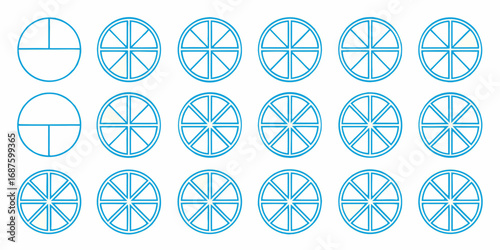 Geometric progression of segmented circles showing increasing divisions and radial lines in blue outlines on a white background