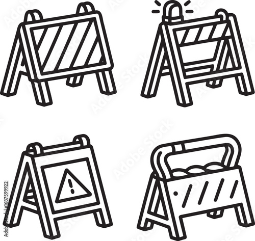 Set of Construction Barrier Outline vector illustration isolated On Transparent Background