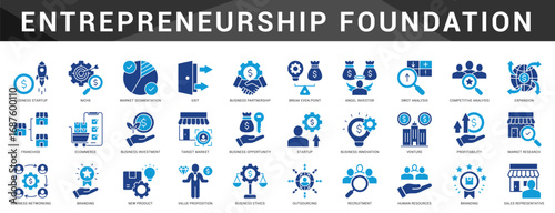 Fundamental icons for entrepreneurship including startup tools, idea validation, funding strategies, and competitive market positioning.
