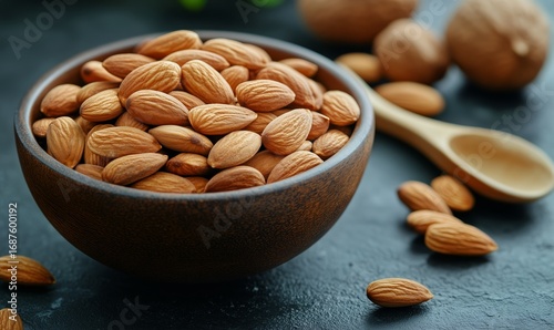 Almonds in a Wooden Bowl Surrounded by Scattered Nuts on a Dark Surface