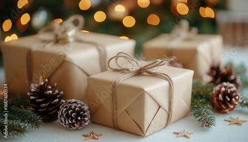 Festive Wrapped Gifts Surrounded by Pinecones and Holiday Decor in Cozy Indoo...